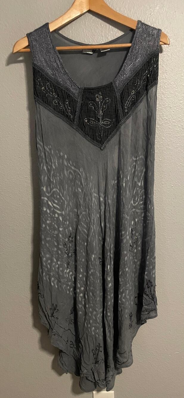 Shana K Maxi Dress Womens Free Size Gray Floral Beaded Lagenlook Boho Artsy